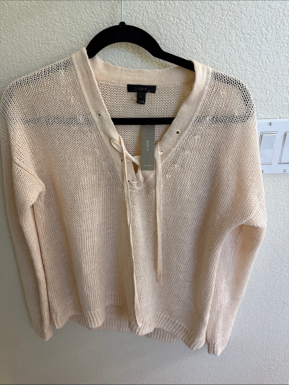 J. Crew Cream Lace-Up V-Neck Knit Sweater